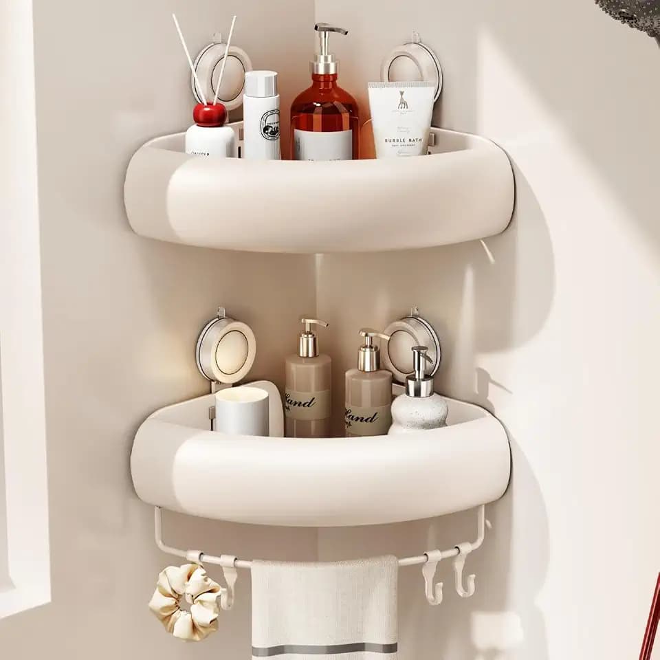 CICUFY Shower Caddy Suction Cup, 2 Pack No Drilling Corner Shower Shelves, Rust Proof Bathroom Storage Organizer, Shower Corner Caddy with Removable Hooks and Towel Bar, Triangle, Cream