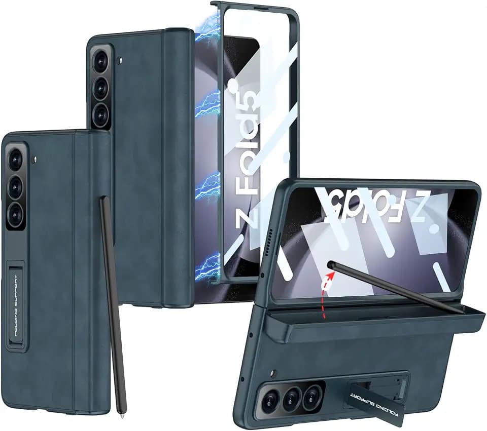 for Samsung Galaxy Z Fold 5 Case with Magnetic Hinge Protection & Built-in Front Screen and Kicstand,Hidden S-Pen Slot and Frosted Slim Texture Case.(Navy Blue)