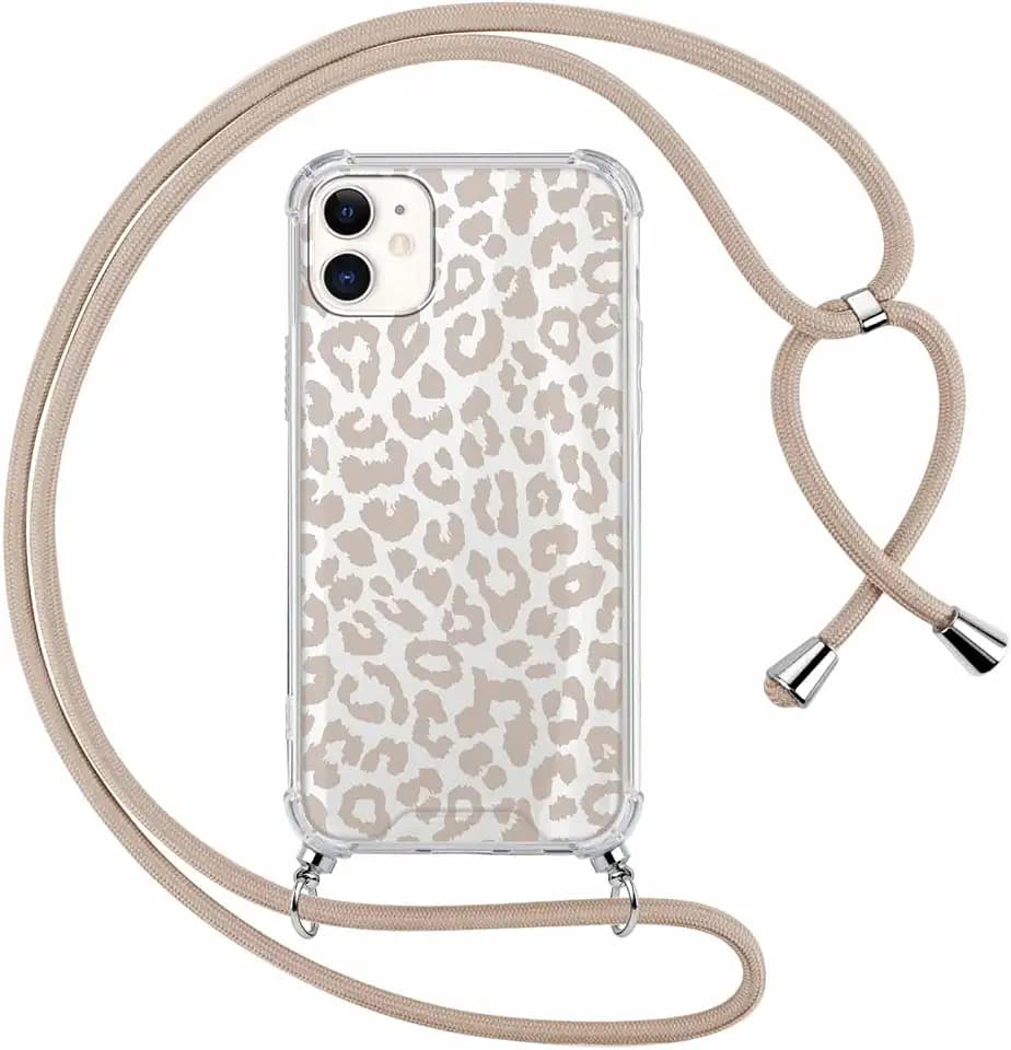 ZhuoFan Handyband Handyhülle für iPhone 13 Pro Hülle 6,1" mit Band, Transparent Aesthetic Leopard Leo Leoprint Braun Muster Cover mit Kette Kordel zum umhängen Case Silikon PC Schutzhülle, 01