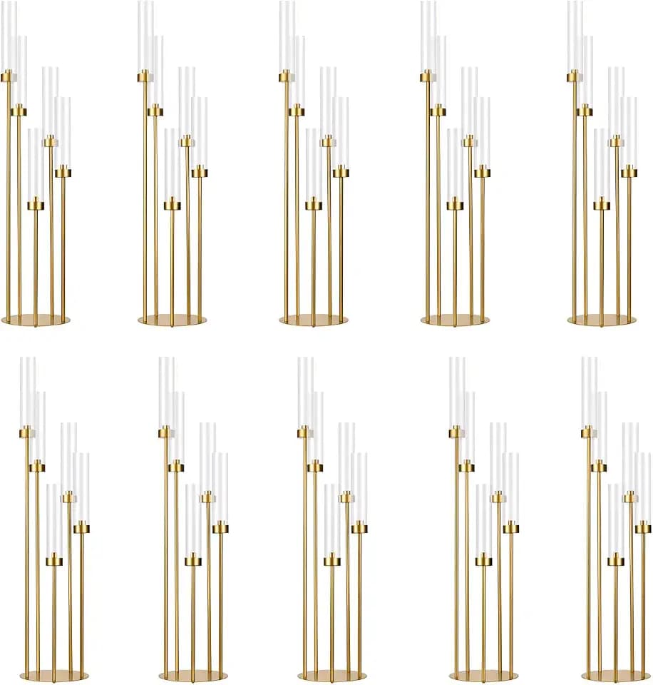 10PCS Gold Floor Candelabra,5 Arms Metal Candle Holder with Acrylic Shade