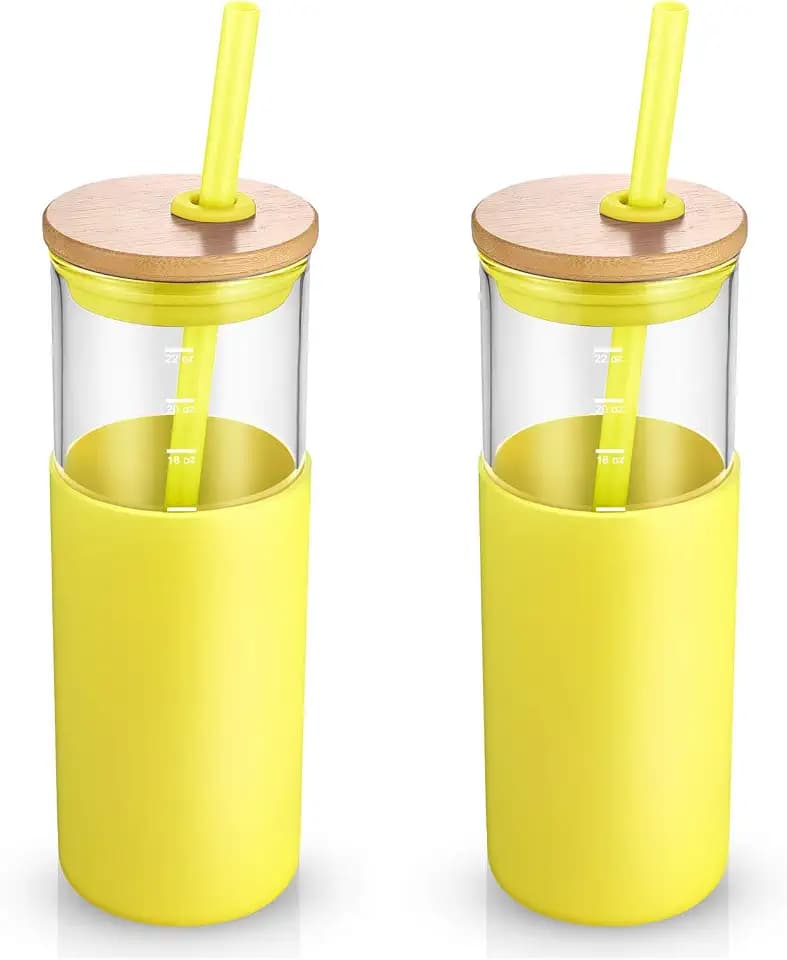 Tronco 24 oz Glass Tumbler with Straw and Lid - Glass Cup with Lid and Straw, Smoothie Cup, Iced Coffee Cup - Bamboo Lid and Protective Silicone Sleeve - BPA-Free