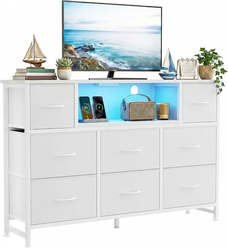 TV Stand 8 Drawers Dresser LED Entertainment Center with Charging Station