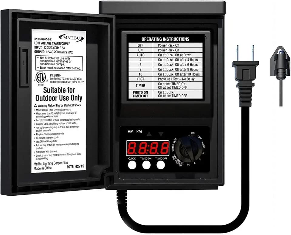 Malibu 200 Watt Power Pack with Sensor and Weather Shield for Low Voltage Landscape Lighting Spotlight Outdoor Transformer 120V Input 12V Output 8100-0200-01