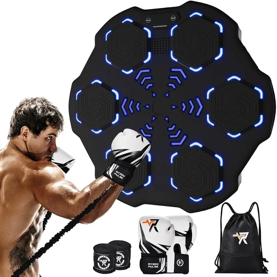 2025 Smart Music Boxing Machine Kit with Resistance Bands, Premium Gloves, & Carry Bag - Wall-Mounted Bluetooth Boxing Trainer for Cardio, Strength, & Full-Body Fitness - Home, Office, Gym Use