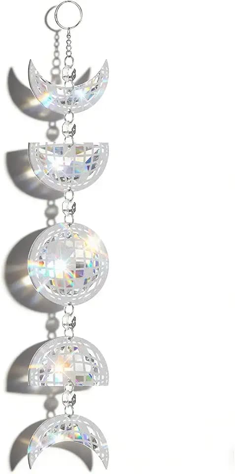 Sliner Disco Ball Moon Phase Hanging Pendant Handmade Silver Sun Catcher for Windows Indoor Windows Ornament Party Christmas Wedding Holiday Decorations Gifts(Flat)