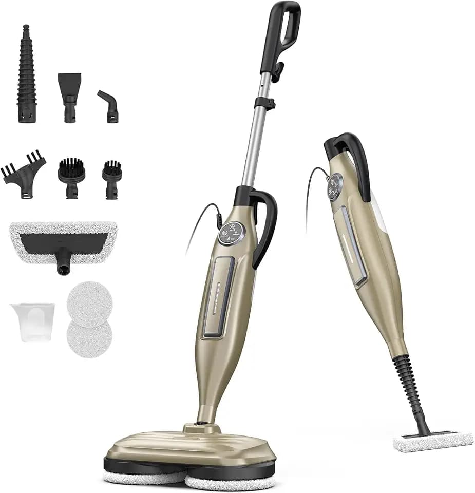 DEVOAC VM6 Scrubbing Steam Mop with Rotating Mop Pads, 10 in 1 Steam Mop, Lightweight Spin Mop & 3 Steam Modes for Hard Floor Laminate Marble Floors (Champagne)