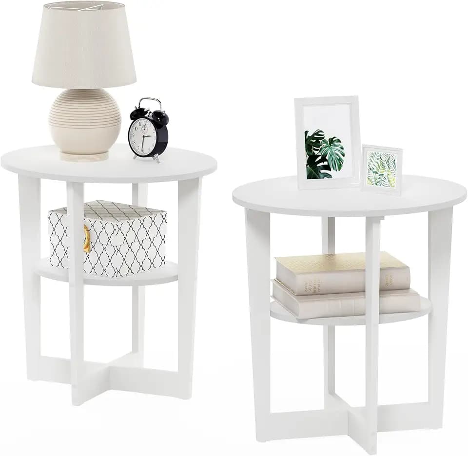 Furinno Jaya 2-Tier Round Side Table Set of 2, Open Shelf, White