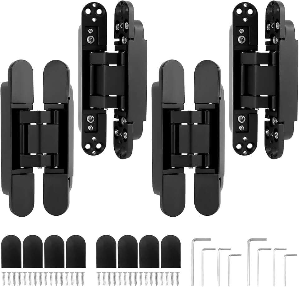 QWORK Adjustable Hidden Door Hinges– 4 Pack 6" Zinc Alloy 180-Degree Swing Hinge for Doors Up to 850mm Width & 88 lbs, 0-35mm Thickness