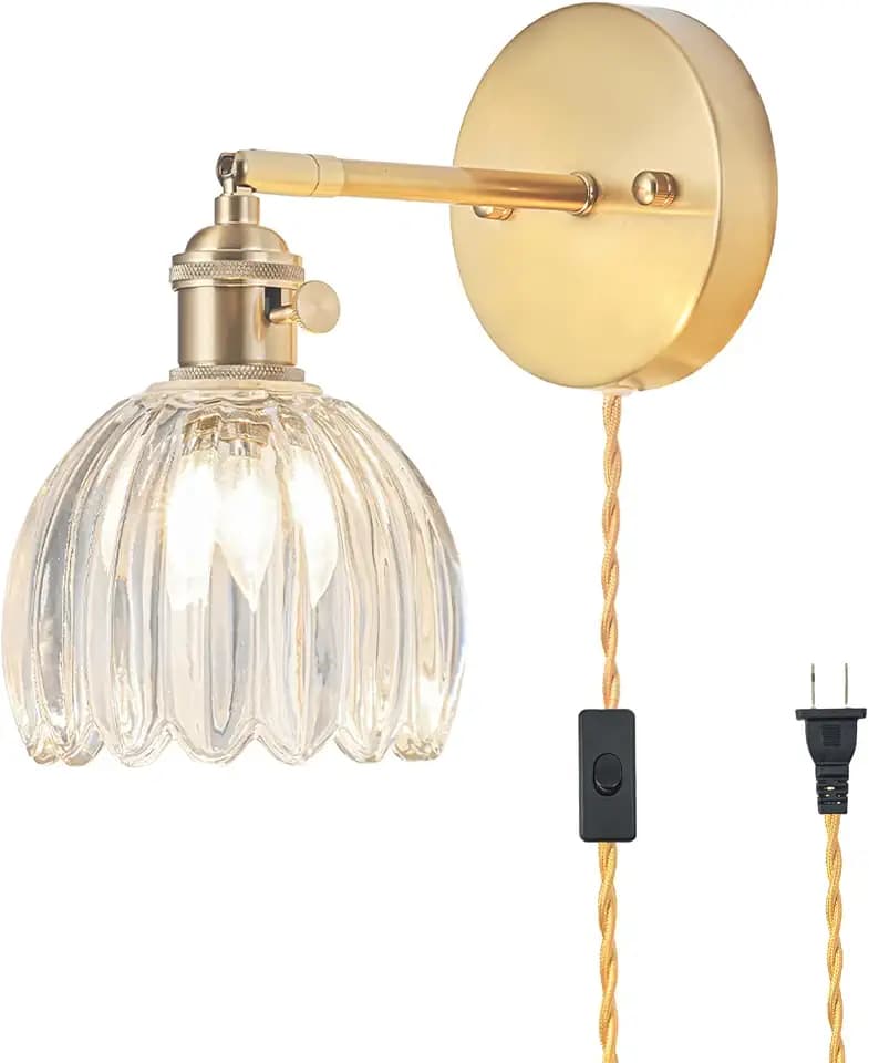 Plug in Wall Sconce, Vintage Sconce Light with Tulip Transparent Glass Lampshade, Bedside Wall Sconce with Switch and Plug in Wall Lamp Cord, Gold Wall Light for Bedroom