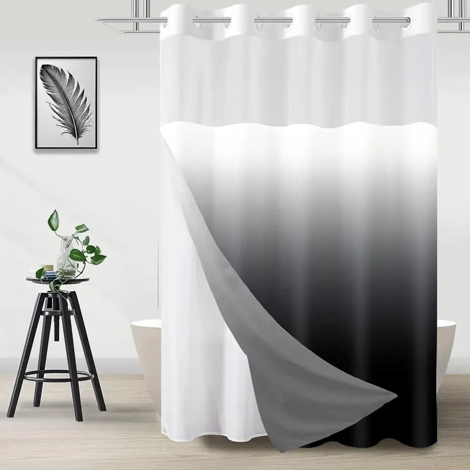 No Hook Shower Curtain and Liner Set, Ombre Black and White, 71x74