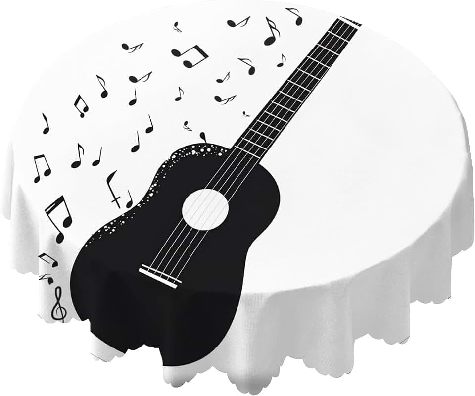 Yibeas Round Tablecloth 60 inch Black Guitar with Notes Tablecloth Classical Music Melody Modern Rock Table Cloth for Dining Tables, Parties, Wedding and Banquet Decoration