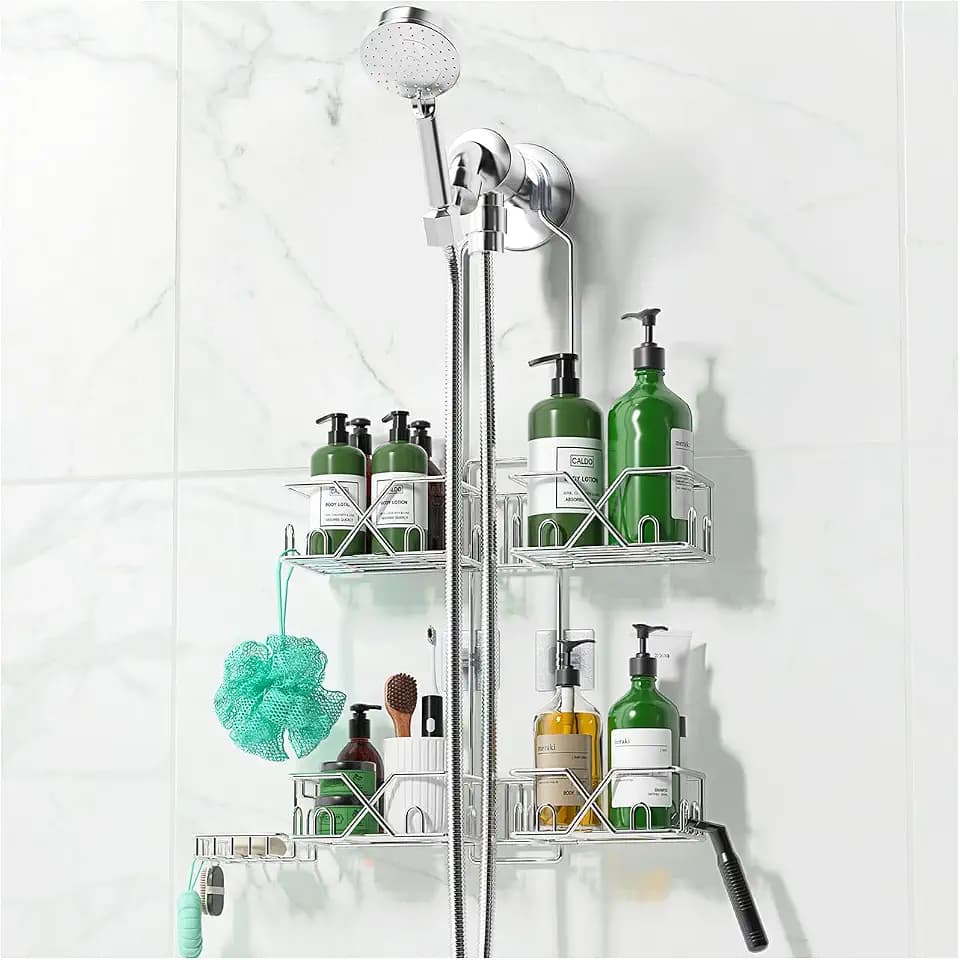 Sewulidon Stainless Steel Shower Caddy Hanging for Handheld Shower Heads,Rustproof Hose Shower Organizer Adjustable Length Shower Rack with 24 Hooks,Razor Holder,Soap Holder