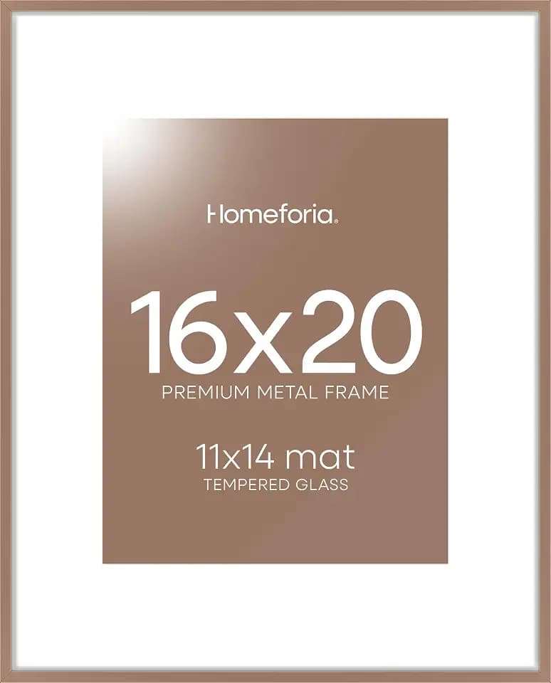 Homeforia 16x20 Mocha Picture Frame, High-End Metal, 11x14 Mat, Glass