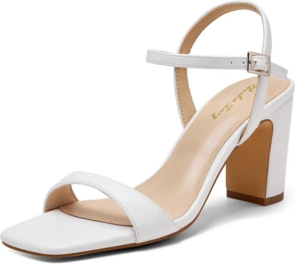 Elisabet Tang Women’s Block Strappy Heel Sandal, 3 Inch Square Open Toe Dress Sandals with Classic Ankle Strap Chunky Heels for Women Comfort Work Party