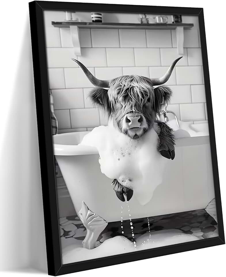 Funny Highland Cow Bathroom Wall Art, Black and White Animal Canvas Wall Decor Painting, Modern Rustic Farmhouse Cow in Bathtub Artwork Prints Pictures for Restroom Bathroom 16x24 Inch Black Framed