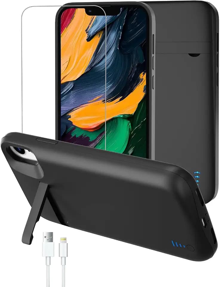 Akku Hülle für iPhone XR (5000mAh, 6,1 Zoll), Ultra-schlanke Akkuhülle Wiederaufladbar Batterie mit Handyhalter und Schutzfolie, Tragbares Batterieladegerät Hülle für iPhone XR, Schwarz