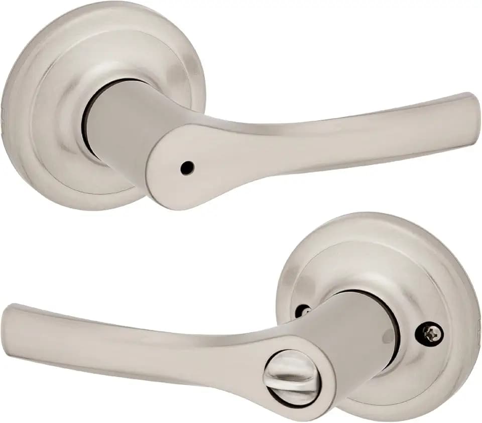 Kwikset Henley Interior Privacy Door Handle with Lock, Door Lever For Bathroom and Bedroom, Satin Nickel Reversible Keyless Push Button Lock Door Lever, with Microban Protection