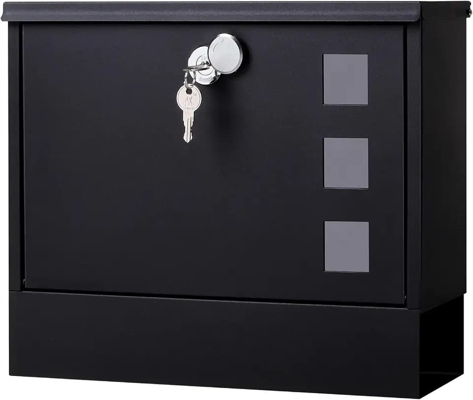 Locking Mailbox Wall Mount for Outside– Jssmst Mailboxes with Key Lock for Front Door Fence, Large Capacity Letter Box, 14.3 x 4.1 x 11.8 Inch, Black, SM-HPB911BN