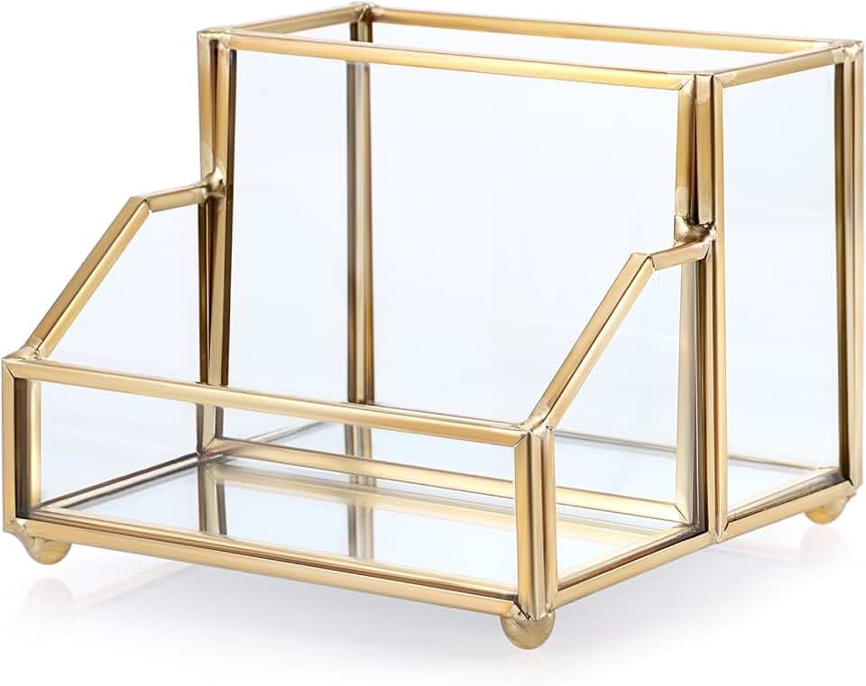 Hipiwe Gold Glass Business Card Holder with Pen/Pencil Organizer, 2 Slots