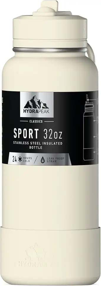 Hydrapeak 32oz Sport Insulated Water Bottle with Straw Lid, Leak & Spill Proof, Keeps Drinks Cold for 24 Hours, Premium Stainless Steel for Work, Gym, On-The-Go (Ivory)