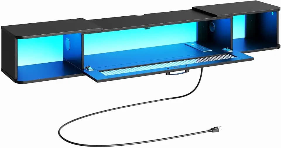 HOOBRO Floating TV Stand with LED Light Power Outlet for TVs up to 65”, Wall Mounted TV Shelf, Modern Media Console Entertainment Center Under TV, for Living Room Bedroom, Black BK34UDDS01G1