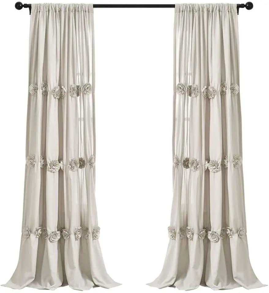 Lush Decor Darla Light Filtering Window Curtain Panel Single 40" W x 84" L Neutral - Flower Curtains for Living Room - Drapes - Beige Bedroom Curtains