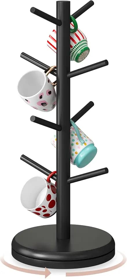 STDDRE Mug Holder Tree 360° Rotated Mug Tree Coffee Cup Holder Bamboo Rack Stand 8 Hooks for Countertop Cup Rack Kitchen Coffee Bar Organizer Decorative Mug Racks (Black)
