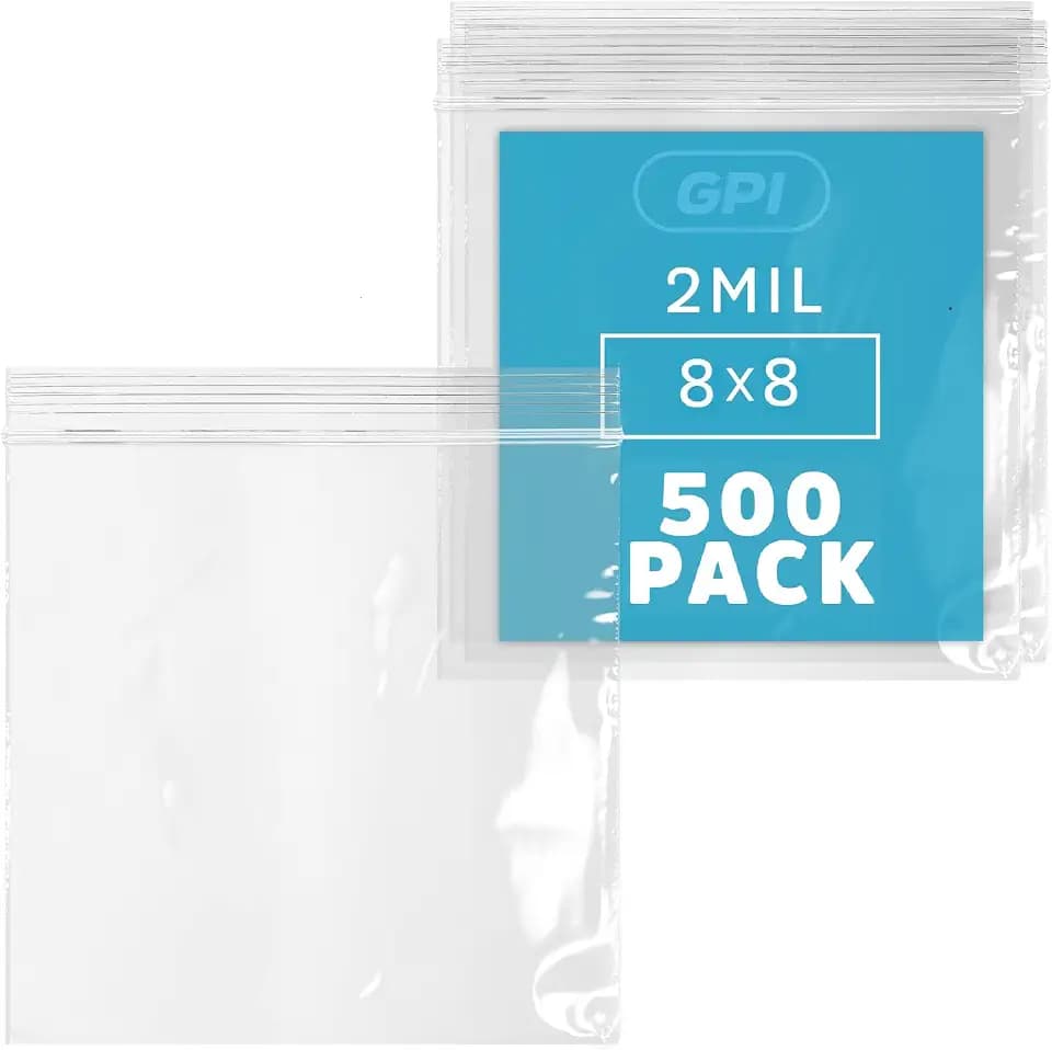 GPI - 8" x 8", 500 Count, Clear Plastic Reclosable Zip bags, Large, Bulk 2 mil Thick Strong & Durable Poly Baggies With Resealable Zip Top Lock For Travel, Storage, Packaging & Shipping.