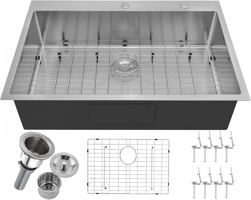 33x22 Inch Drop In Kitchen Sink, Topmount Stainless Steel Brushed Nickel Single Bowl Kitchen Sink, Extra-thick 16 Gauge For RV Laundry Utility with Dish Grid and Basket Strainer YSD013