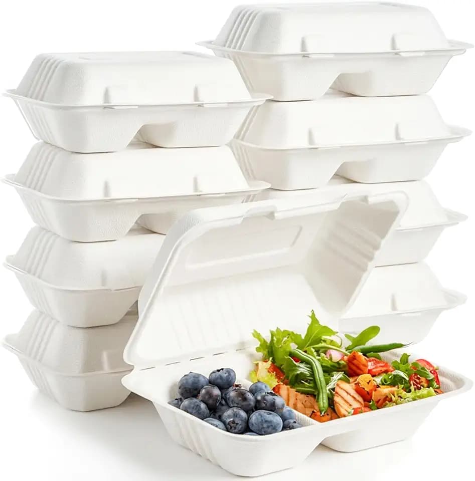 Elsjoy 90 Pack 2-Compartment Clamshell Take Out Containers, 9" x 6" Compostable Hinged Food Containers Disposable Bagasse To Go Lunch Boxes for Restaurant, Microwave Safe