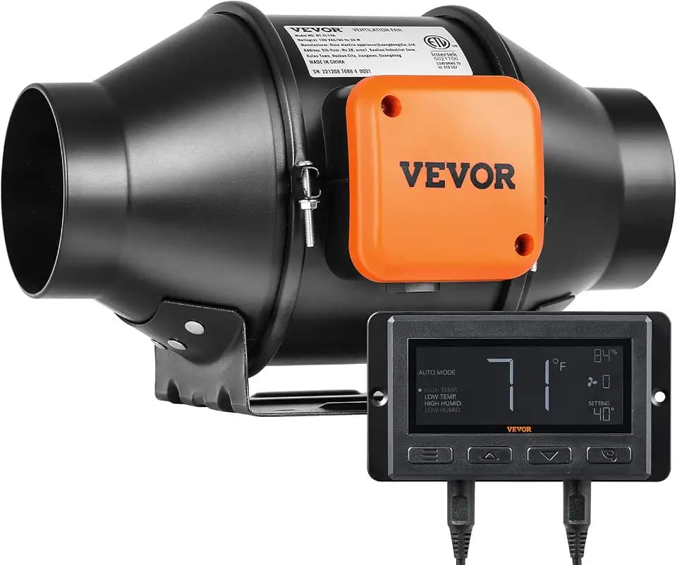VEVOR Inline Kanalventilator, 4 Zoll 205 CFM mit Temperatur-Feuchtigkeitsregler, leiser EC-Motor Belüftung Abluftventilator für Kühlung Booster, Wachstumszelte, Hydrokultur