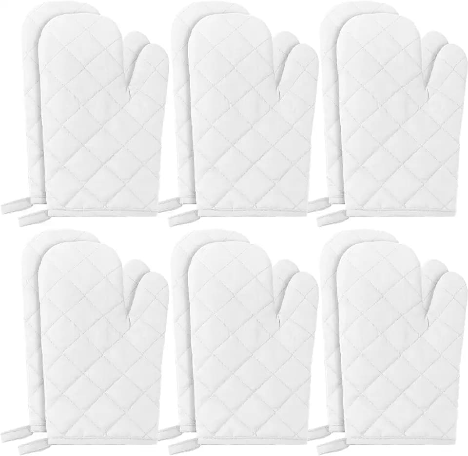 6 Pairs Heat Resistant Oven Mitts Kitchen Oven Gloves 11 Inch Long Quilted Cotton Polyester Kitchen Gloves for Cooking, Baking, Grilling BBQ (White)