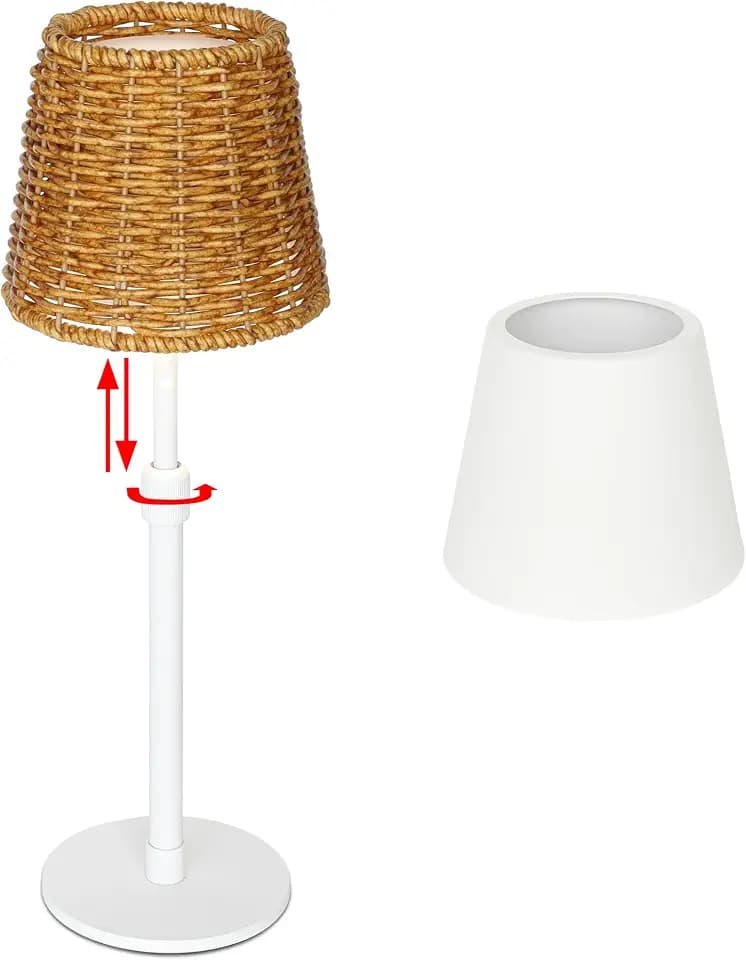 Mr.White Outdoor Waterproof Rechargeable Cordless Table Lamp with Telescopic Pole & Wicker Shade, 5200mAh Battery Operated Table Light with Touch Control, for Patio Restaurant Kitchen (White)