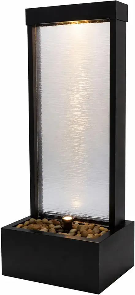Alpine Corporation MLT170S 48" Indoor Outdoor Waterfall Fountain with LED Light Modern Glass & Aluminum Black Wall Water Feature for Home, Patio, Garden Décor Soothing Cascading Indoor Water Fountain