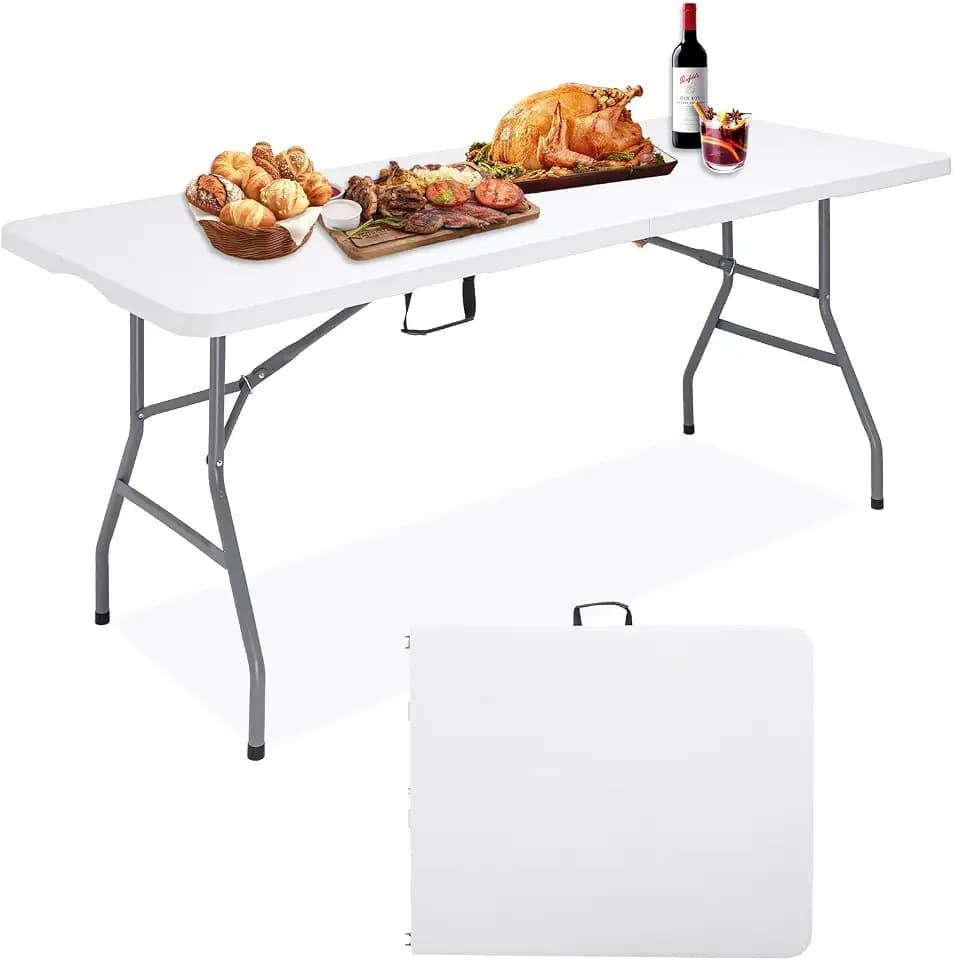6Ft Folding Table, Heavy Duty Fold-in-Half Portable Plastic White