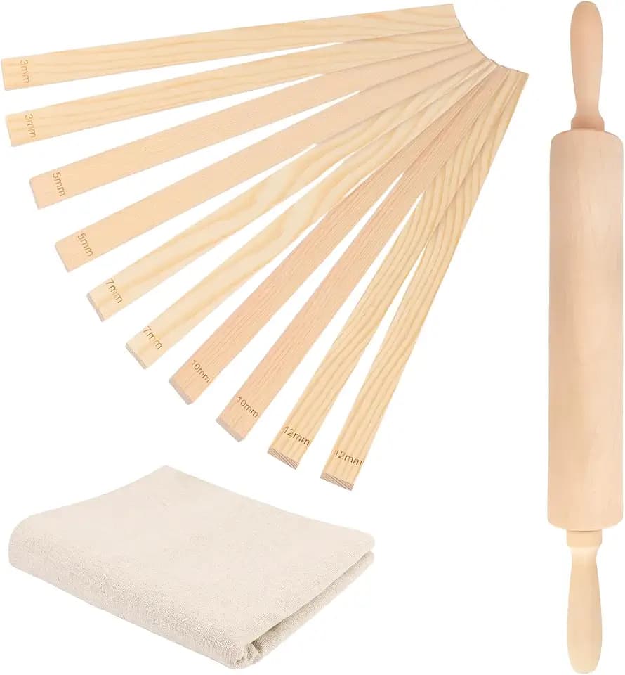 12 Pcs Pottery Tools Include 1 Wood Rolling Pin Sculpting Polymer Clay Tools 1 Portable Pottery Wedging Board/Linen Tablecloth and 10 Pcs 5 Size Teaching Rolling Mud Stick Guide