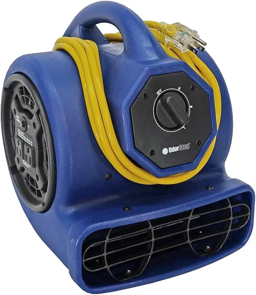 OdorStop Heavy Duty Air Mover, 3-speed with Yellow Power Cord w/Lighted End and Unbreakable Roto-Molded Design, Throws Air up to 100 Ft. (OS1000B)