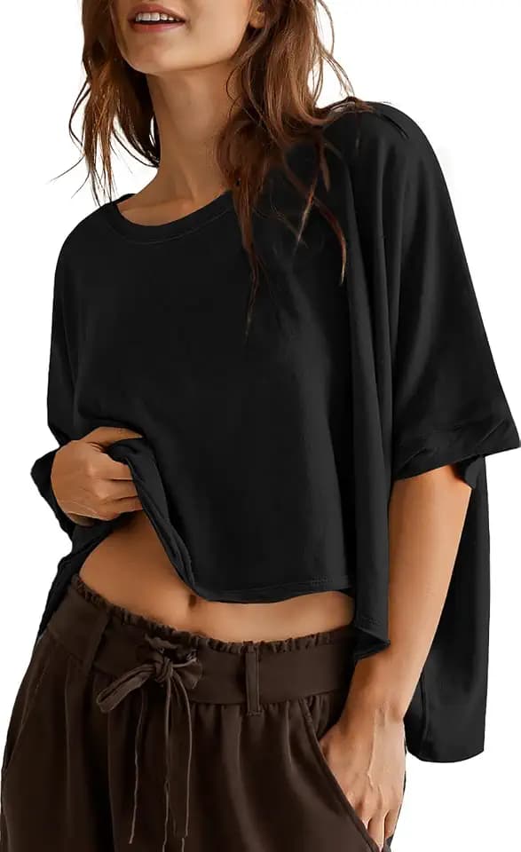 UEU Women's Summer Oversized Crop T-Shirt Loose Crewneck Boxy Top