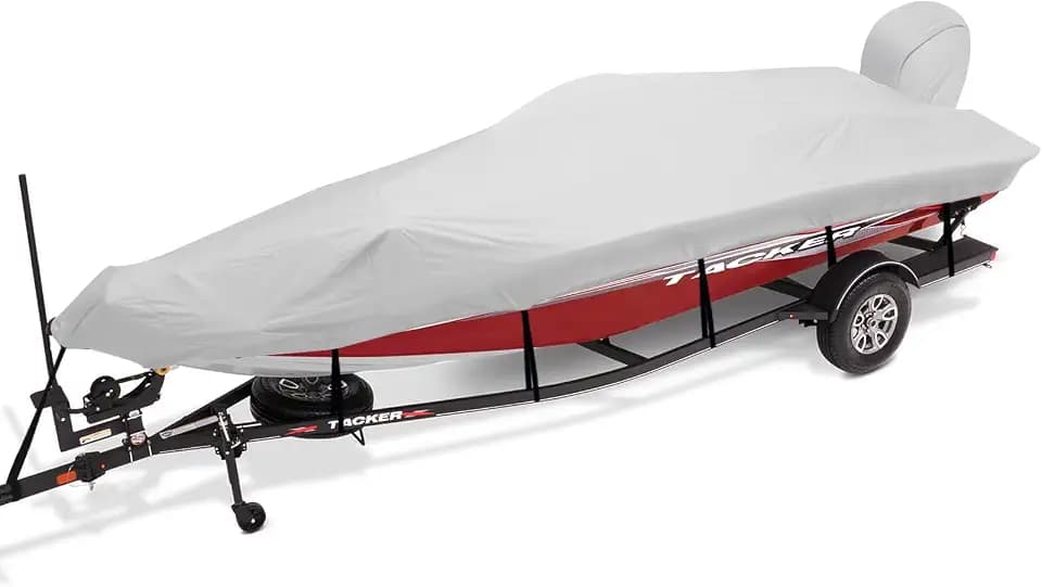 Trailerable Boat Cover 14-16ft with Outboard Motor Cover, 900D Marine Canvas Waterproof & UV-Proof Heavy Duty Boat Covers for 14 feet 15ft 16' Foot V-Hull Bass Boat Runabout Boat, Gray