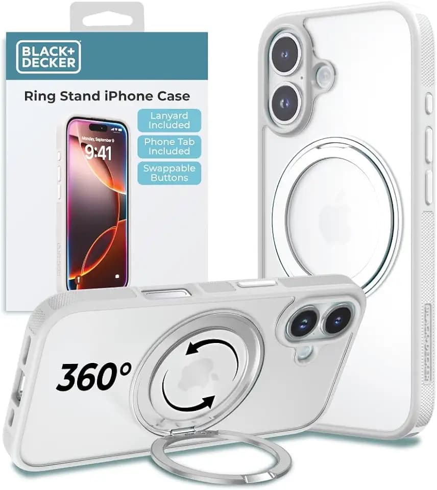 BLACK+DECKER 360°Spin Magnetic Stand for iPhone 16 Plus Case, White