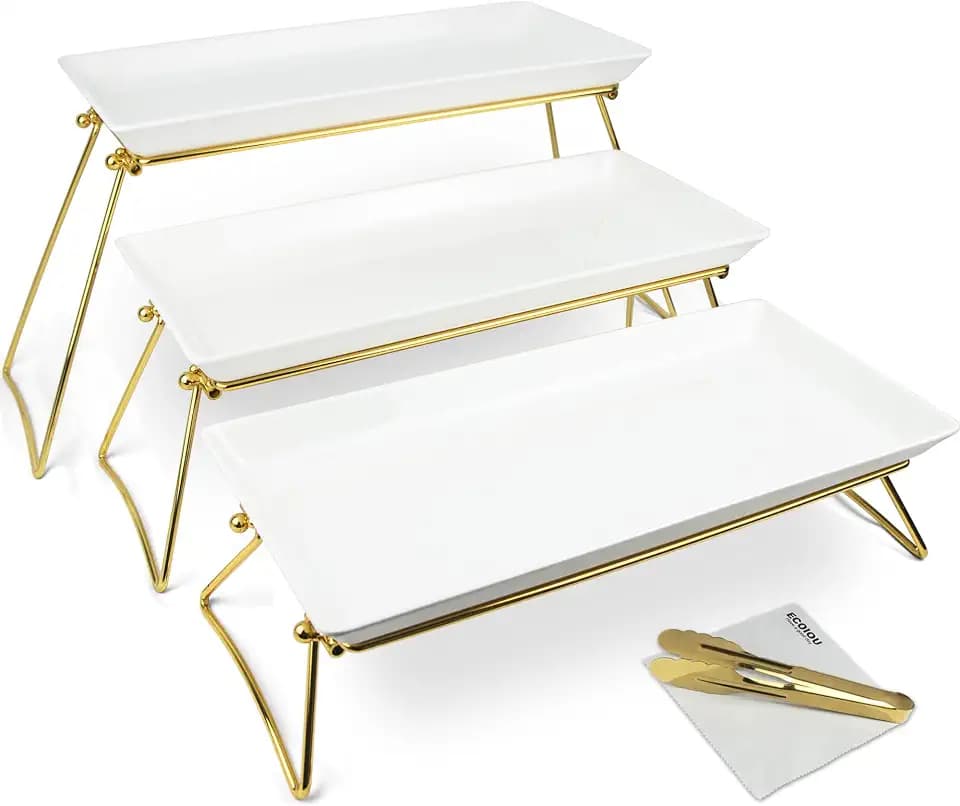 ECOIOU Extra Large 3 Tier Serving Tray, 24 x22 x 9.8 Inch Melamine Tiered Tray Stand and Platters for Party Buffet Entertaining, White and Gold