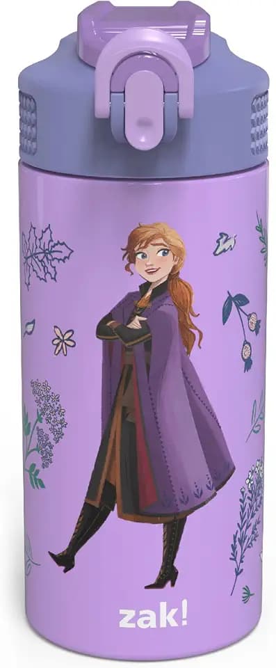 Zak Designs Disney Frozen 2 Anna - Stainless Steel Vacuum Insulated Water Bottle - 14 oz - Durable & Leak Proof - Flip-Up Straw Spout & Built-In Carrying Loop - BPA Free