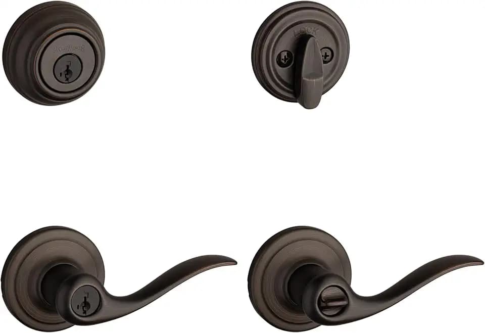 Kwikset Tustin Door Lock Handle and Deadbolt Set, SmartKey, Venetian Bronze