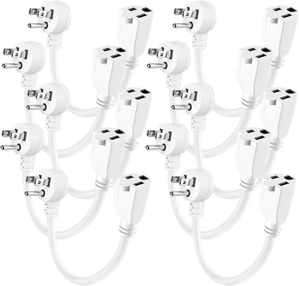 Short Power Extension Cord 1 Feet 10 Pack, 90 Degree Right Angle Plug Design, 3 Prong Grounded NEMA 5-15P to 5-15R Male to Female Outlet Heavy Duty Indoor Extender Cable,16AWG 13A 125V 1625W,ETL-White