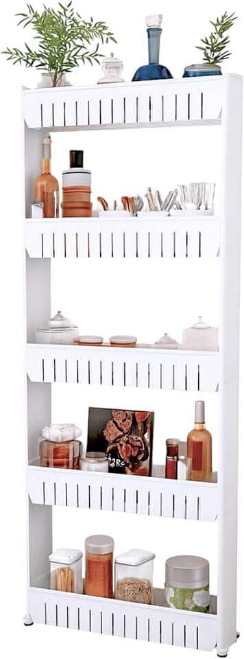 Lavish Home Slim Rolling Storage Cart, White, 21.5” x 5” x 52”