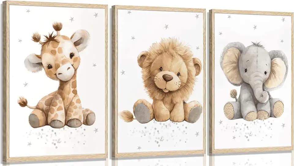 Pyvrah 3Pcs Kids Room Wall Art Cute Animal Wall Decor Prints Boy Girls Room Pictures Giraffe Lion And Elephant Painting Artwork for Baby Room Nursery Decoration 12x16in