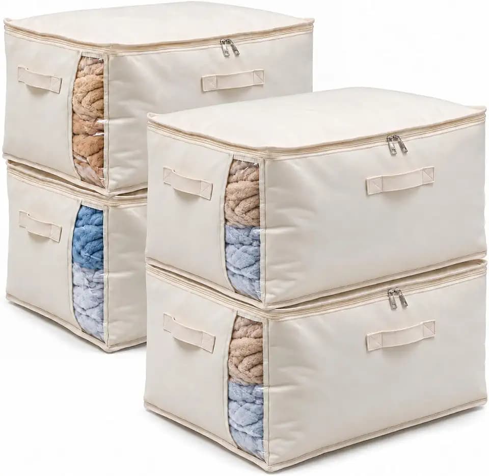 4 Pack Canvas Comforter Storage Bags for Clothes & King Comforters, Natural