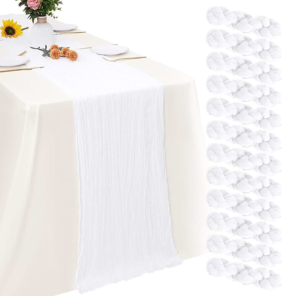 Aktor 12 Pack Winter Table Runner Boho White Cheesecloth Table Runner Semi Sheer Gauze Fabric Runners for Wedding Birthday Baby Shower Party Boho Table Decoration(White)