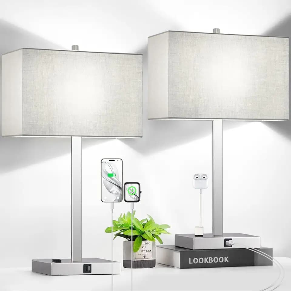 Lynnoland 21" Set of 2 Table lamp with USB A+C & AC Outlets, Touch Control 3-Way Dimmable Nightstand Lamps for Bedroom Living Room Office Reading, Gray Shade Touch Lamps, 5000K LED Bulbs Included