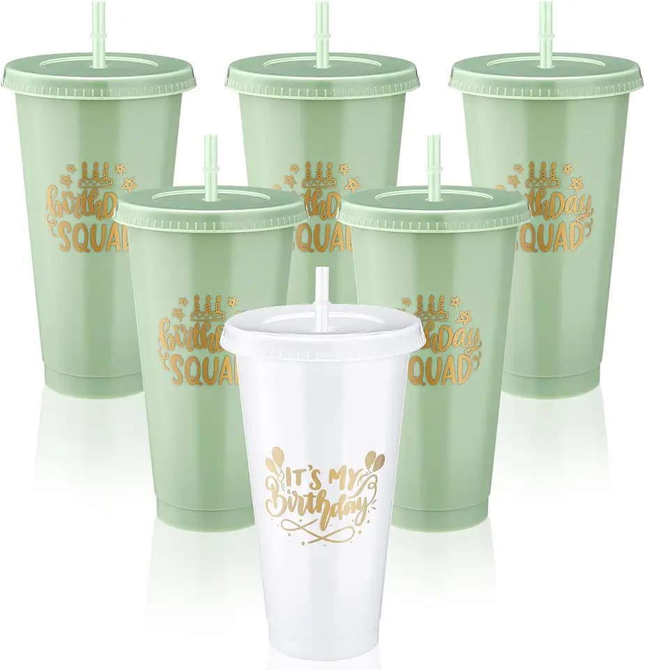 Jingmore Birthday Squad Tumblers 24 oz Party, White, Sage Green, 6 Pcs